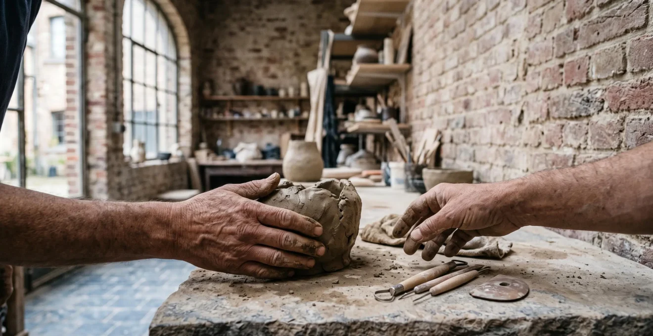 Gros plan artistique sur des mains façonnant une pièce en argile dans un atelier belge en pierre bleue, symbolisant la frontière entre artisanat et création artistique