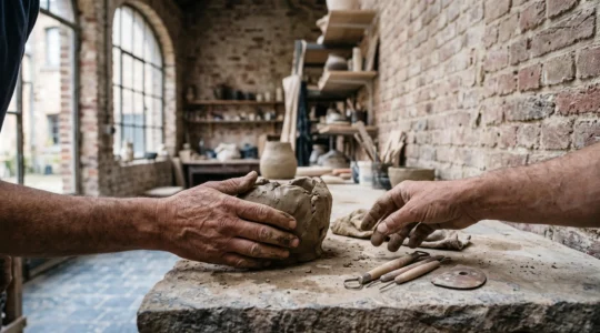 Gros plan artistique sur des mains façonnant une pièce en argile dans un atelier belge en pierre bleue, symbolisant la frontière entre artisanat et création artistique