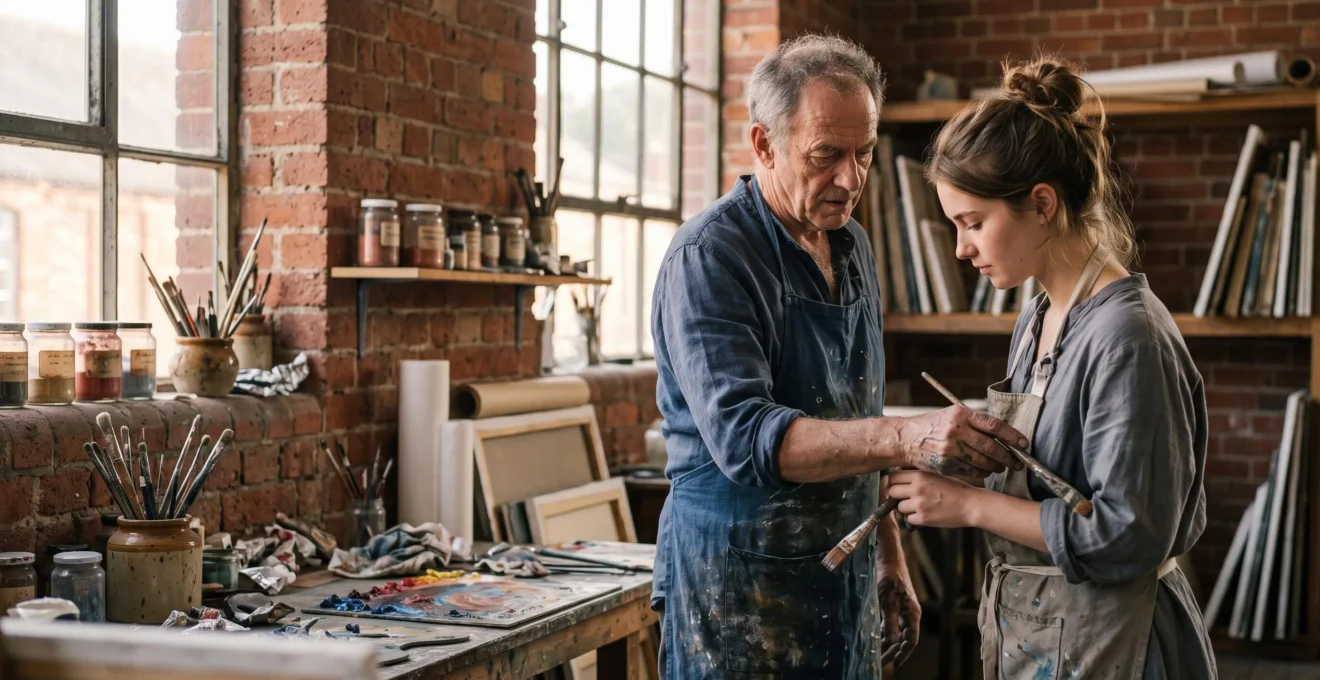 Un artiste reconnu partage un geste technique précis avec un apprenti attentif dans un atelier baigné de lumière naturelle, évoquant une masterclass en Belgique.