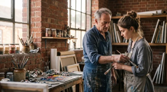 Un artiste reconnu partage un geste technique précis avec un apprenti attentif dans un atelier baigné de lumière naturelle, évoquant une masterclass en Belgique.