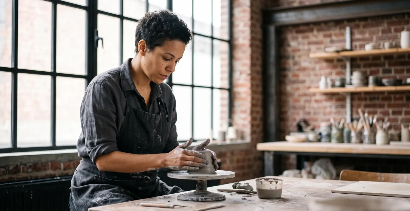 Une personne concentree façonnant un objet artisanal dans un atelier lumineux typiquement belge, symbole du premier pas vers une pratique créative