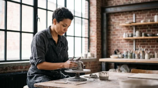 Une personne concentree façonnant un objet artisanal dans un atelier lumineux typiquement belge, symbole du premier pas vers une pratique créative