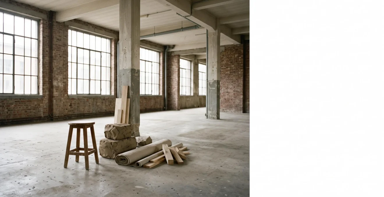 Atelier d'artiste dans un ancien bâtiment industriel belge baigné de lumière naturelle, symbole de la transformation créative en résidence