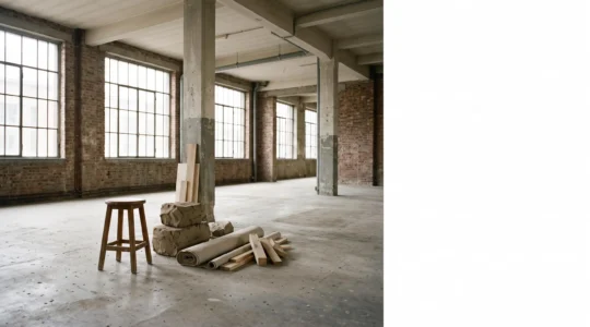 Atelier d'artiste dans un ancien bâtiment industriel belge baigné de lumière naturelle, symbole de la transformation créative en résidence