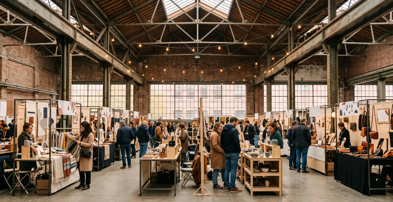 Ambiance chaleureuse d'un marché de créateurs en Belgique avec stands artisanaux en bois