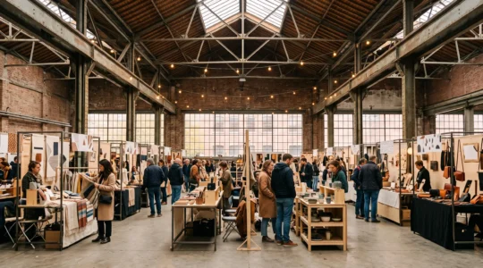 Ambiance chaleureuse d'un marché de créateurs en Belgique avec stands artisanaux en bois