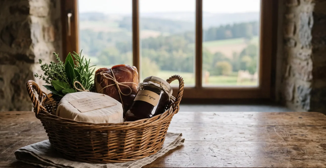 Panier en osier rempli de produits fermiers belges authentiques posé sur une table en bois rustique, à contre-jour dans une ferme