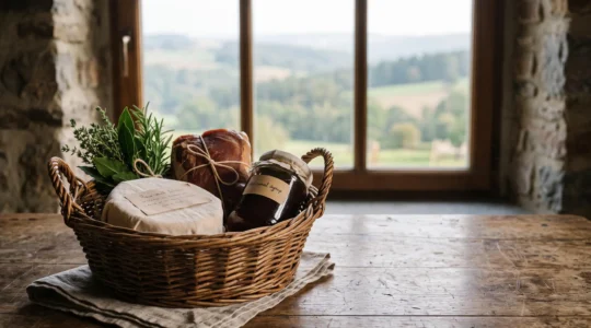 Panier en osier rempli de produits fermiers belges authentiques posé sur une table en bois rustique, à contre-jour dans une ferme