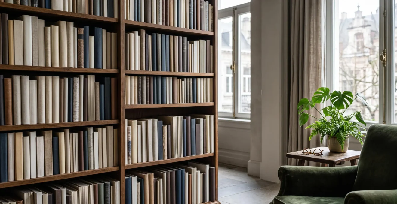 Étagère de bibliothèque personnelle garnie de beaux livres d'art contemporain, dans un intérieur lumineux à l'esthétique belge