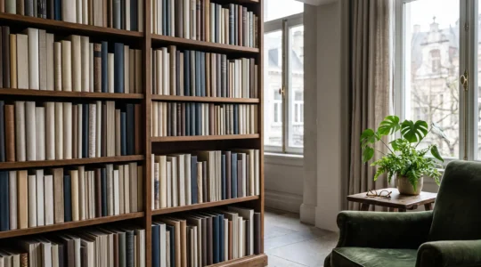 Étagère de bibliothèque personnelle garnie de beaux livres d'art contemporain, dans un intérieur lumineux à l'esthétique belge