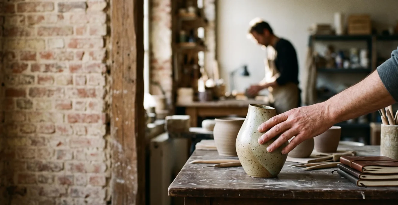 Une main qui effleure délicatement une céramique artisanale unique dans un atelier lumineux en Belgique