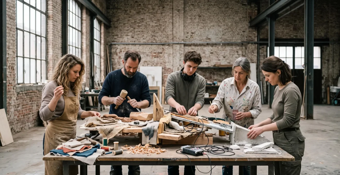 Cinq créateurs aux disciplines différentes travaillant en harmonie autour d'une œuvre collective dans un atelier industriel lumineux à Bruxelles