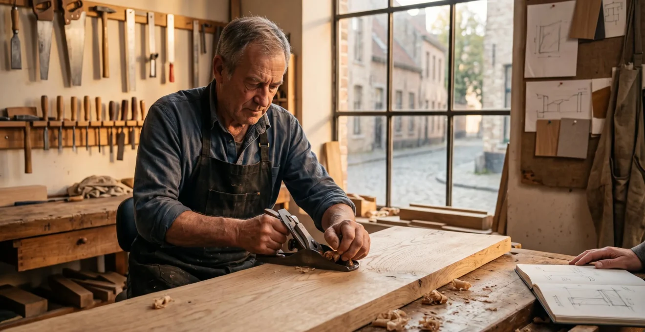 Artisan belge en atelier travaillant sur une pièce unique sur-mesure, les mains au contact du bois brut dans une lumière d'atelier chaleureuse
