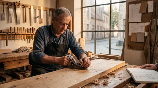 Artisan belge en atelier travaillant sur une pièce unique sur-mesure, les mains au contact du bois brut dans une lumière d'atelier chaleureuse