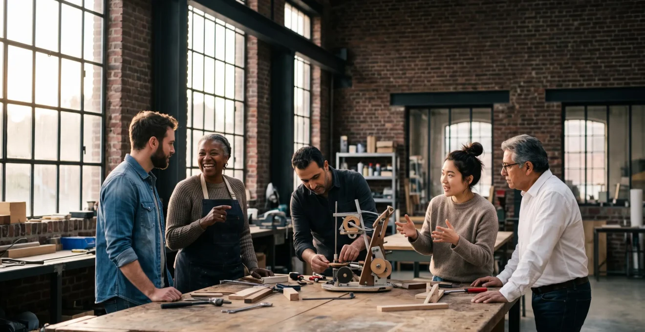 Groupe de personnes aux profils variés collaborant dans un atelier partagé lumineux typique d'un tiers-lieu belge