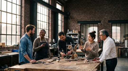 Groupe de personnes aux profils variés collaborant dans un atelier partagé lumineux typique d'un tiers-lieu belge