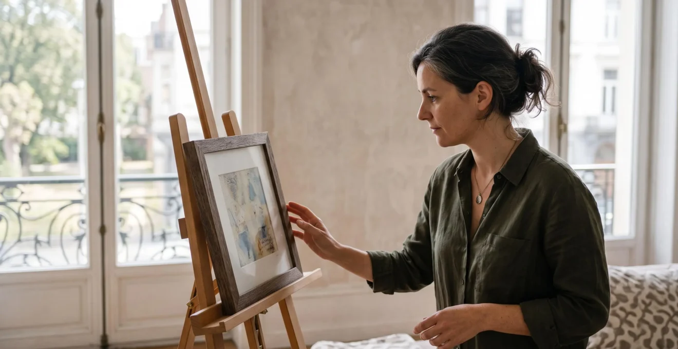 Un collectionneur observe avec attention une petite œuvre d'art contemporaine dans un intérieur bruxellois lumineux
