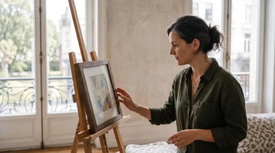 Un collectionneur observe avec attention une petite œuvre d'art contemporaine dans un intérieur bruxellois lumineux