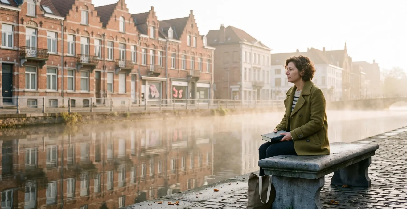 Une personne lit un livre relié près d'un canal bruxellois au petit matin, illustrant la découverte d'une nouvelle voix littéraire belge