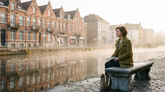Une personne lit un livre relié près d'un canal bruxellois au petit matin, illustrant la découverte d'une nouvelle voix littéraire belge