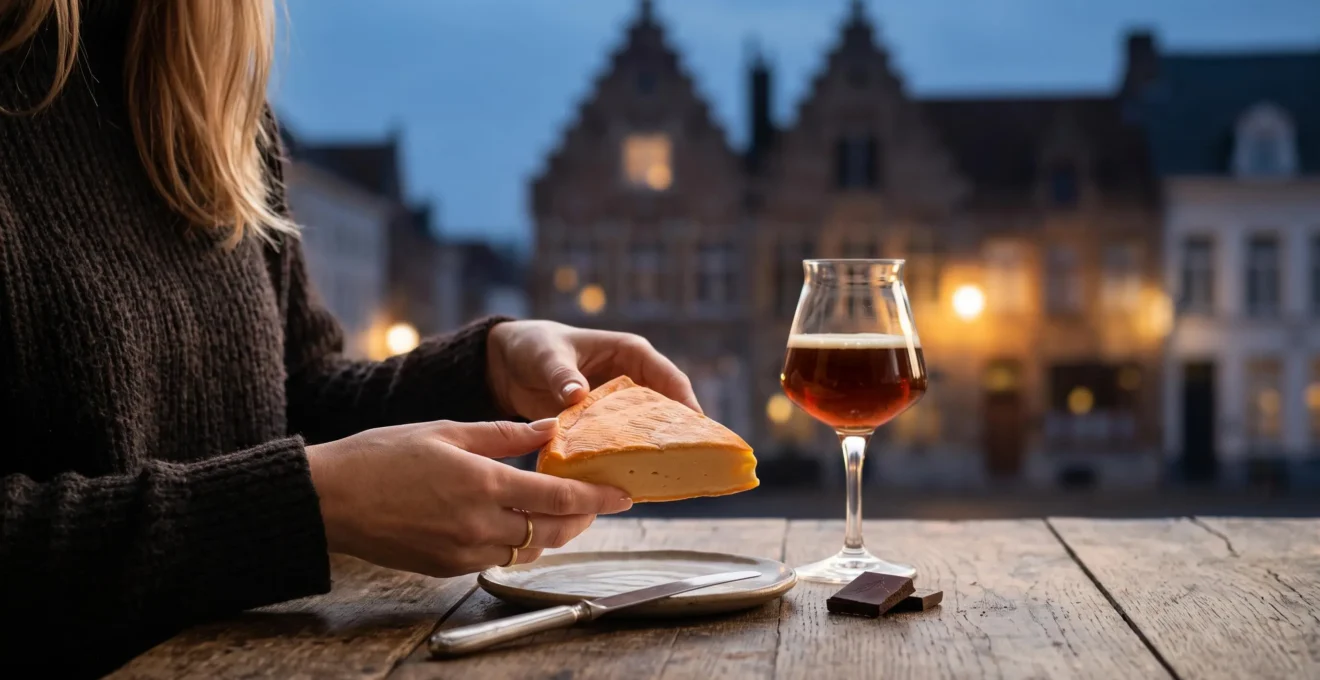 Scène de dégustation commentée mettant en valeur des produits du terroir belge sur une table en bois rustique
