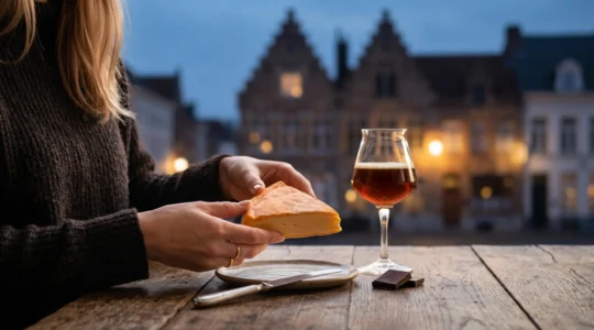Scène de dégustation commentée mettant en valeur des produits du terroir belge sur une table en bois rustique