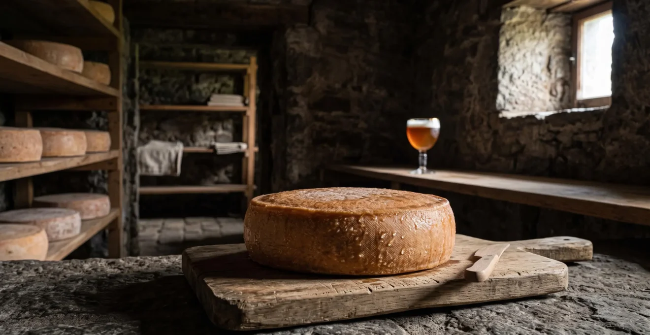 Plateau de fromages AOP belges disposé sur une planche en bois dans une cave d'affinage, avec un verre de bière trappiste en arrière-plan