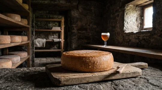 Plateau de fromages AOP belges disposé sur une planche en bois dans une cave d'affinage, avec un verre de bière trappiste en arrière-plan