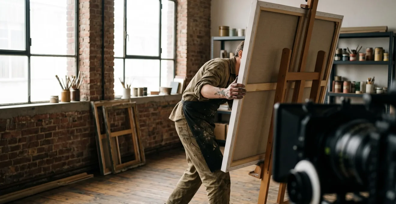 Un artiste dans son atelier filmé en plein processus créatif, révélant les coulisses invisibles de la création