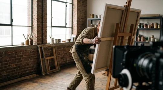 Un artiste dans son atelier filmé en plein processus créatif, révélant les coulisses invisibles de la création