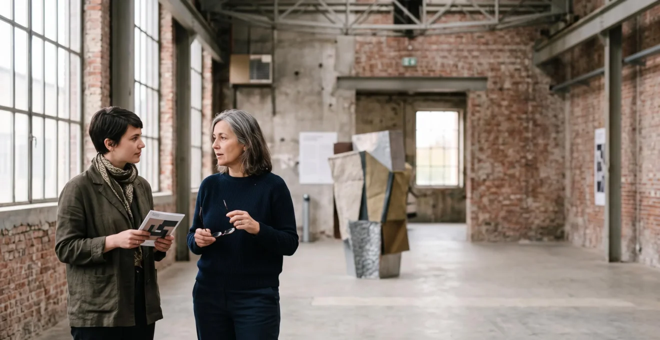 Un visiteur en pleine conversation attentive avec un artiste dans un espace d'art contemporain bruxellois baigné de lumière naturelle