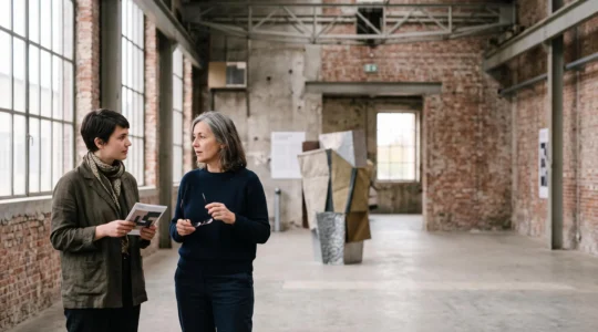Un visiteur en pleine conversation attentive avec un artiste dans un espace d'art contemporain bruxellois baigné de lumière naturelle
