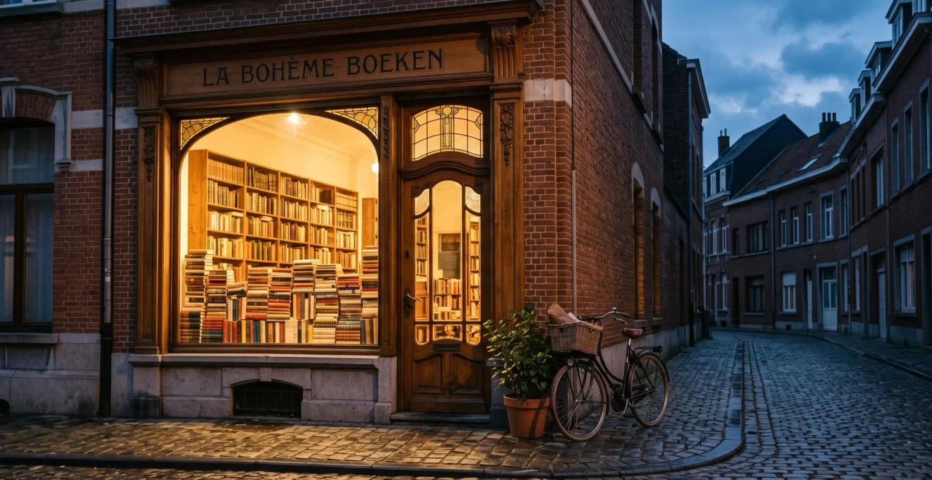 Étal en bois d'une devanture de librairie indépendante belge en brique rouge, avec piles de livres aux couvertures neutres sous une lumière douce de fin de journée