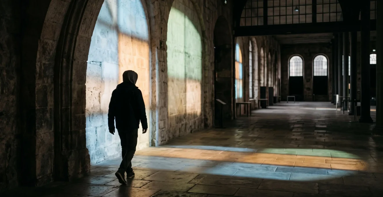 Silhouette d'un visiteur se tenant entre l'architecture historique en pierre d'un lieu patrimonial belge et un champ de lumière immersive colorée