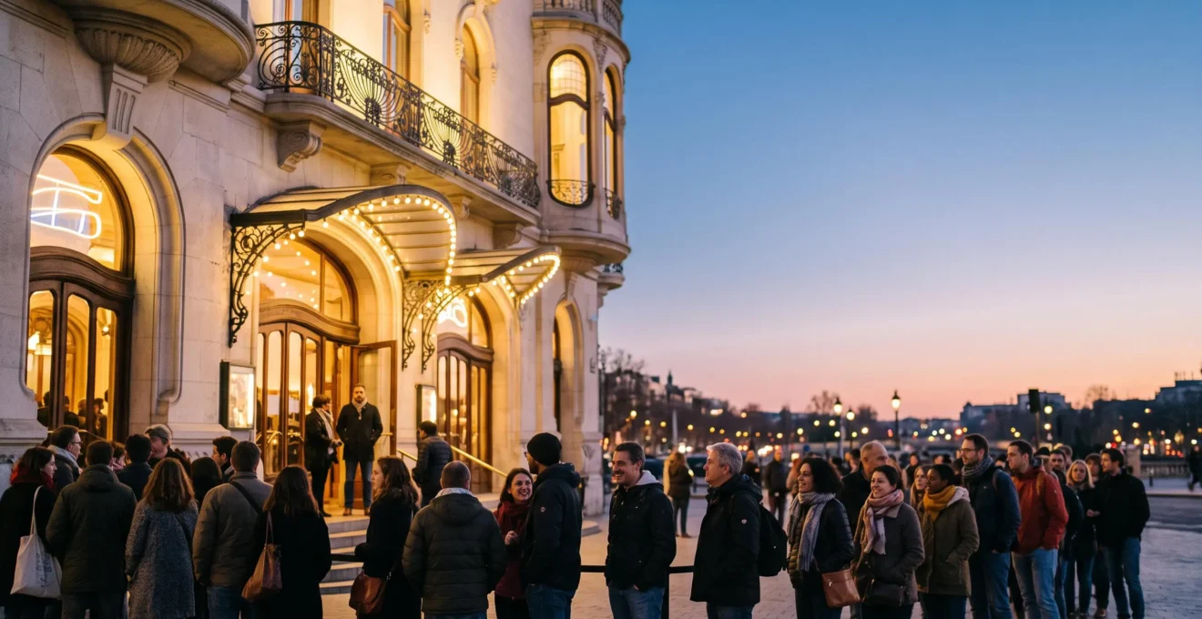 File de festivaliers attendant devant l'entree d'une salle de concert bruxelloise illuminee au crepuscule