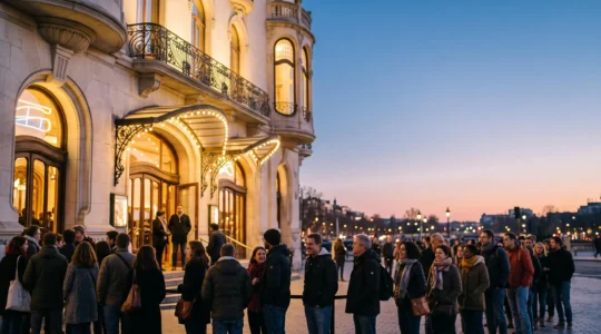 File de festivaliers attendant devant l'entree d'une salle de concert bruxelloise illuminee au crepuscule