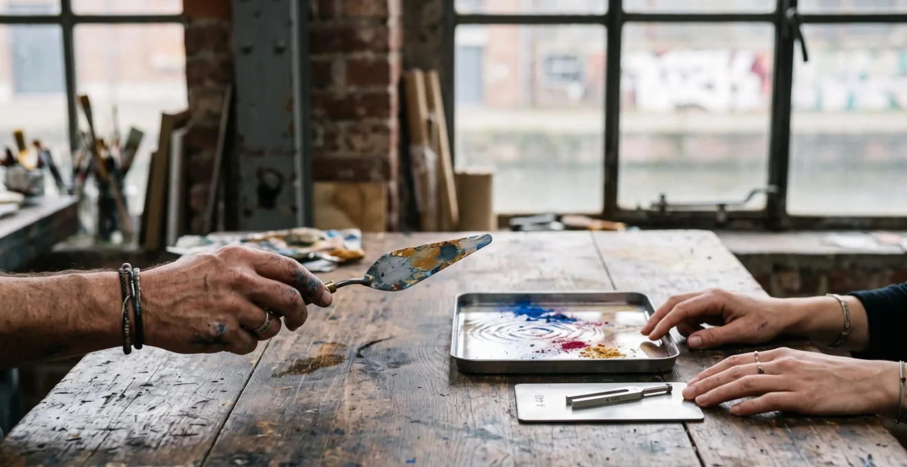 Deux mains d'artistes de disciplines différentes qui font se rencontrer la matière picturale et les vibrations sonores dans un atelier industriel bruxellois.