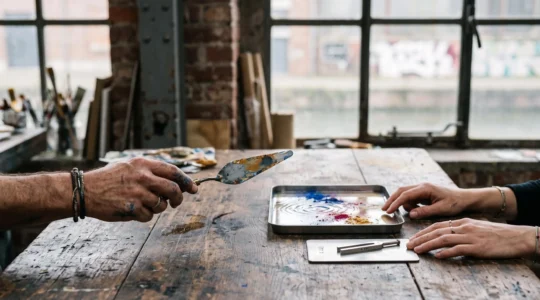 Deux mains d'artistes de disciplines différentes qui font se rencontrer la matière picturale et les vibrations sonores dans un atelier industriel bruxellois.