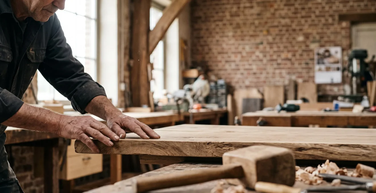 Mains d'un artisan belge examinant de près la finition huilée d'une table en bois massif dans un atelier lumineux