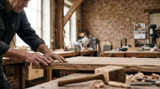 Mains d'un artisan belge examinant de près la finition huilée d'une table en bois massif dans un atelier lumineux