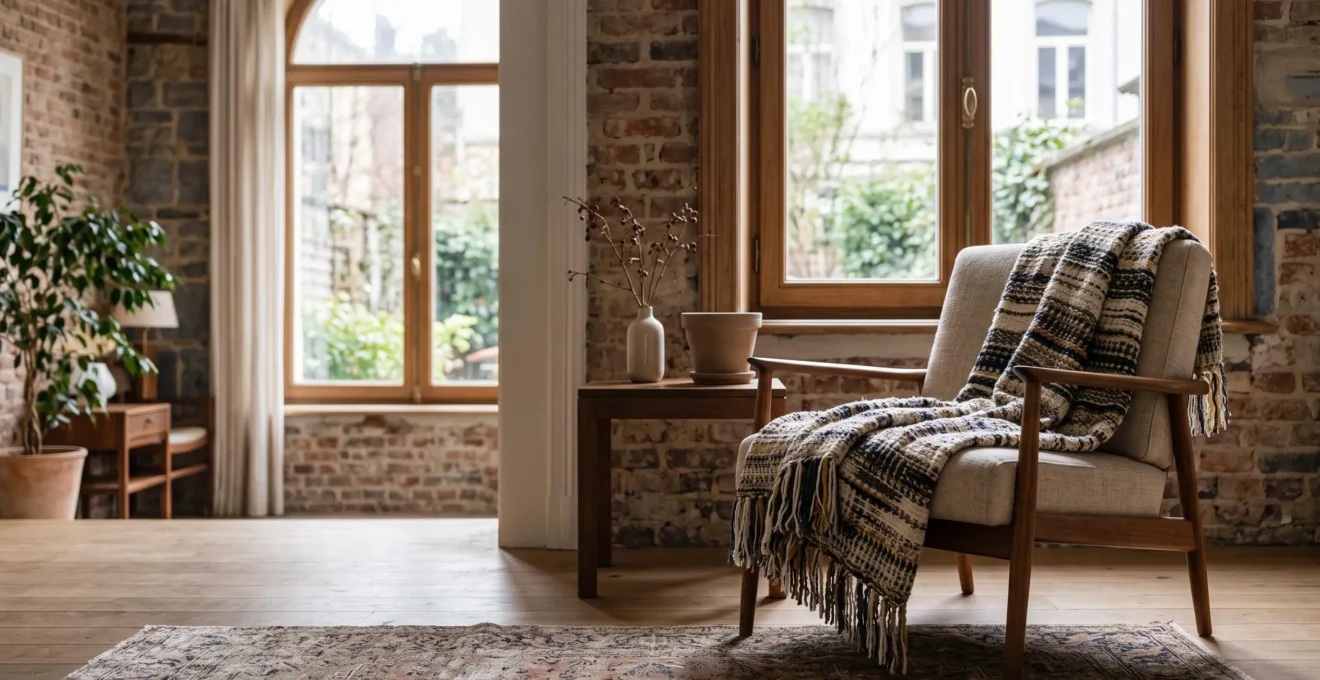 Salon d'une maison de maître belge mis en valeur par une création textile d'art tissée à la main