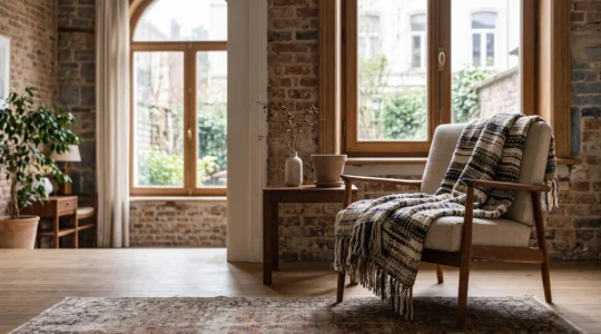 Salon d'une maison de maître belge mis en valeur par une création textile d'art tissée à la main
