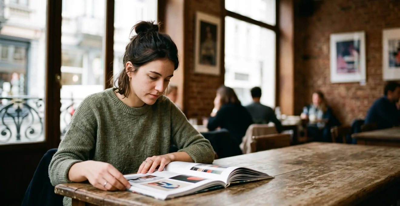 Une personne feuilletant une revue d'art independante dans un cafe lumineux a Bruxelles, entouree d'affiches d'expositions floues en arriere-plan