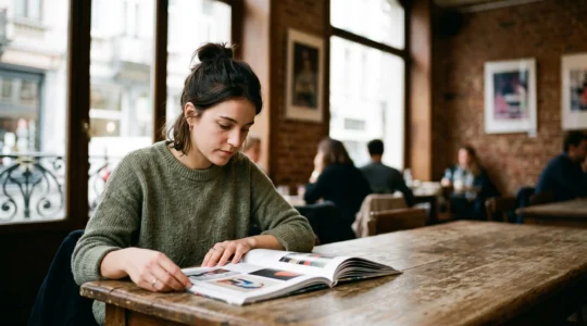 Une personne feuilletant une revue d'art independante dans un cafe lumineux a Bruxelles, entouree d'affiches d'expositions floues en arriere-plan