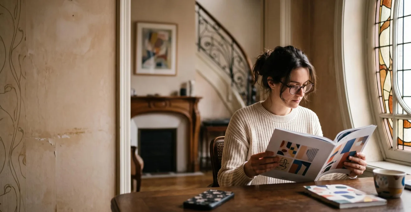Une personne plongee dans la lecture attentive d'une revue d'art dans un interieur bruxellois, incarnant la profondeur de la lecture face a la superficialite numerique
