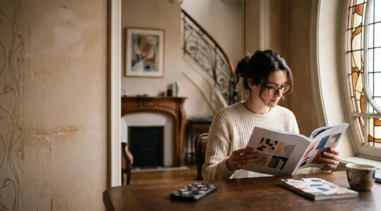 Une personne plongee dans la lecture attentive d'une revue d'art dans un interieur bruxellois, incarnant la profondeur de la lecture face a la superficialite numerique