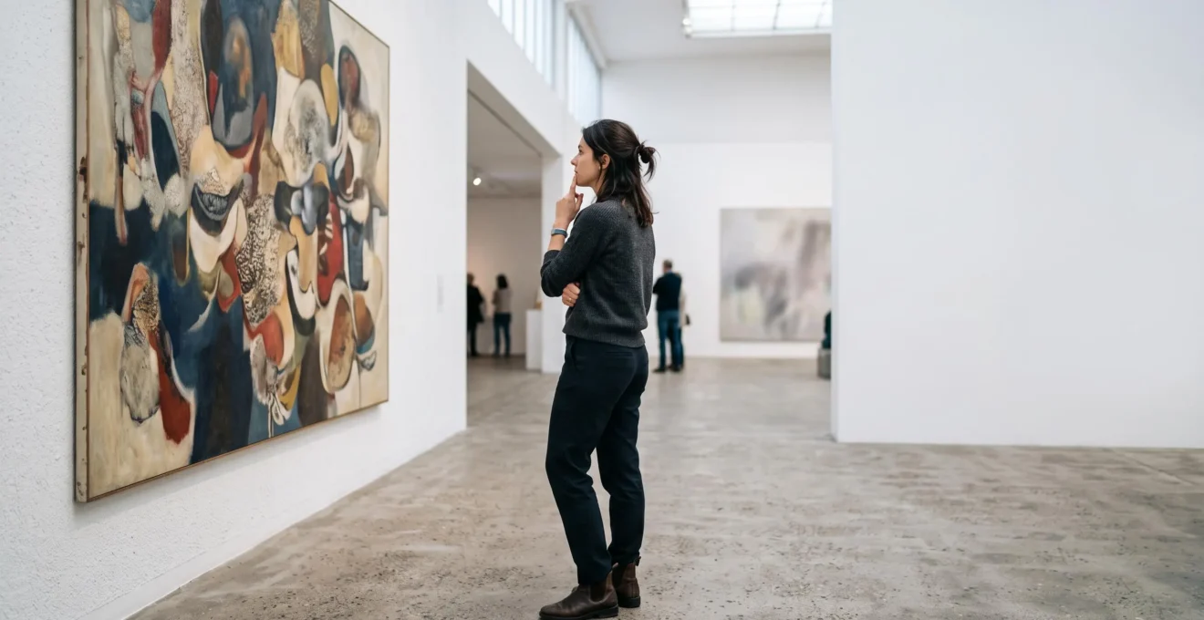 Visiteur contemplant une œuvre dans une galerie belge, journal de critique d'art posé à proximité, symbolisant le dialogue entre regard personnel et analyse critique