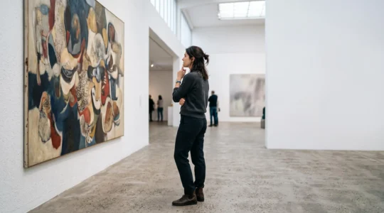 Visiteur contemplant une œuvre dans une galerie belge, journal de critique d'art posé à proximité, symbolisant le dialogue entre regard personnel et analyse critique