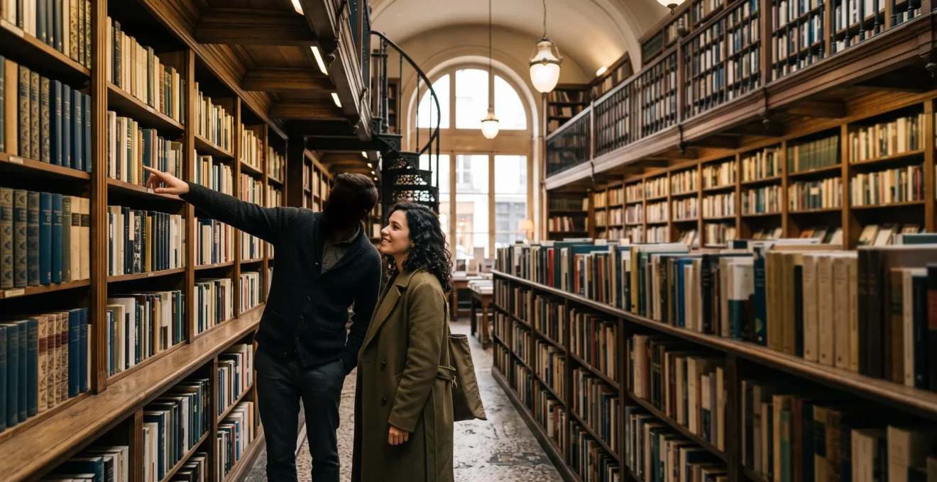 Intérieur chaleureux d'une librairie indépendante belge avec un libraire conseillant un client parmi des rayonnages de bois