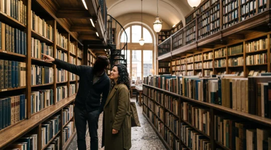 Intérieur chaleureux d'une librairie indépendante belge avec un libraire conseillant un client parmi des rayonnages de bois